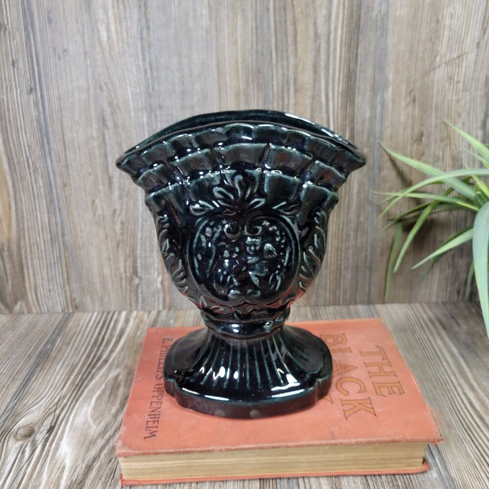 Vintage Fan Vase, Dark Green Ceramic Cherub & Scrolls Pedestal